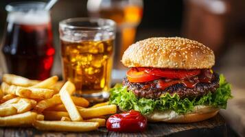 Juicy Burger with Fries and Drinks. A Classic American Meal photo