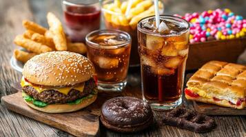Unhealthy Food. Burger, Fries, Soda, and Sweets photo