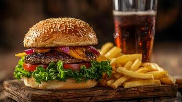 Juicy Grilled Burger with French Fries and Soda photo