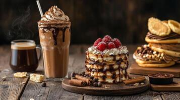 Delicious Chocolate Delights. Indulge in a Mocha Frappe, Raspberry Pancakes, and Chocolate Crepes photo