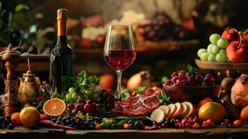 A Still Life of Autumnal Abundance. Wine, Fruit, and Meat photo