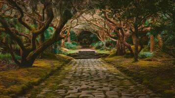 A path through the woods with mossy trees photo
