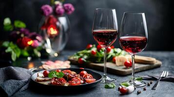 Romantic Dinner with Red Wine and Delicious Food photo