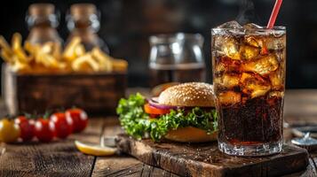 Juicy Burger, Crispy Fries, and Refreshing Cola. A Classic Fast Food Feast photo