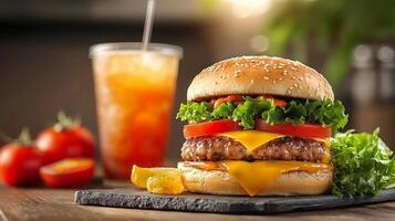 Juicy Cheeseburger with Ice Tea on Wooden Table photo