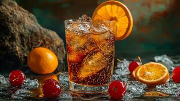 Refreshing Cuba Libre Cocktail with Orange and Cherries photo