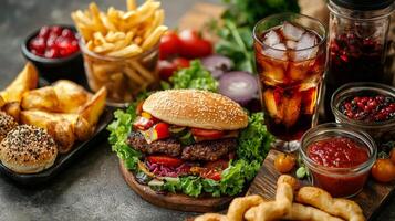 Juicy Burger Feast. A mouthwatering image of a gourmet burger, french fries, potato wedges, onion rings, and refreshing cola. photo