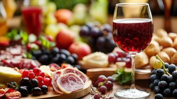 A Delicious Spread. Red Wine, Grapes, Cheese, and Charcuterie photo