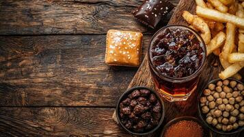 Unhealthy Food Choices. A Collage of Sugary Treats, Fried Delights, and Carbonated Beverages photo
