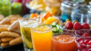 Colorful Juices and Breakfast Buffet. A Delightful Morning Spread photo