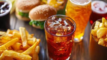 Fast Food Feast. Burgers, Fries, and Refreshing Drinks photo