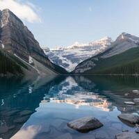 A mountain range is reflected in a lake photo