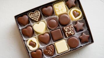 A set of chocolate candies of various shapes and designs in a box isolated on a white background photo