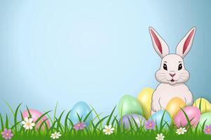 Happy Easter background with bunny, eggs, flowers and bright background vector