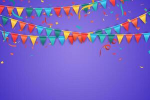 Party Background, with colorful Flags and confetti whit purple background.Illustration vector