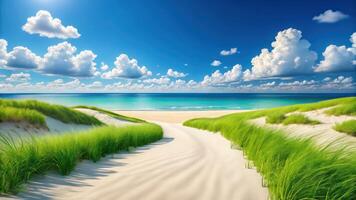 Beach with sand dunes and grass path, blue sky and clouds, summer landscape, landscape photo