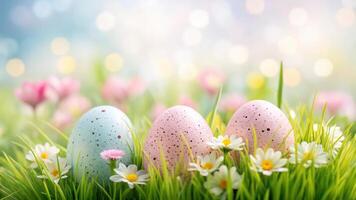 Three colorful easter eggs in the grass with flowers photo