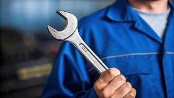 A man in blue overalls holding a wrench photo