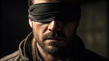 The man is wearing a blindfold and has a beard photo