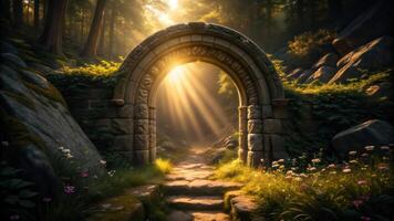An archway in the woods with sunlight shining through it photo