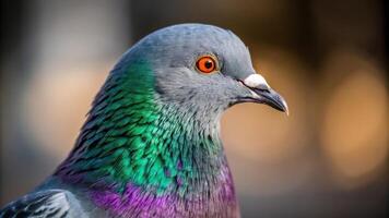 A close up of a pigeon with bright green and purple feathers photo