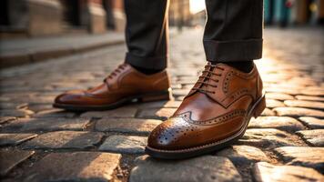 A man wearing brown shoes and a suit photo