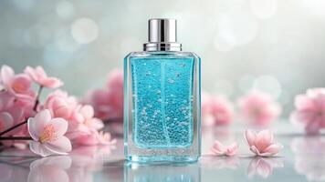 A bottle of perfume with blue liquid on a table with pink flowers photo