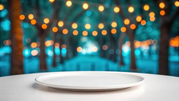 Empty plate on table in restaurant with blurred lights photo