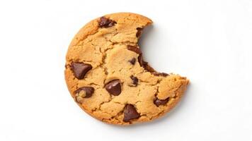 A chocolate chip cookie is shown on a white background photo