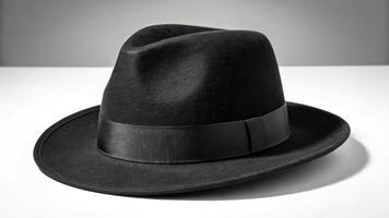 A black fedora hat on a white surface photo