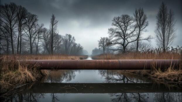 A rusted pipe is in the middle of a river photo