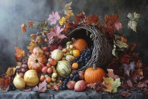Autumn Harvest Still Life with Cornucopia Pumpkins Grapes and Fall Leaves photo