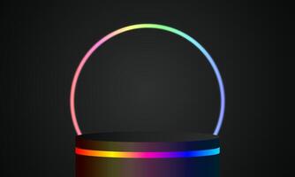 3D realistic cylindrical podium with studio room background, illuminated by glowing neon lines. vector