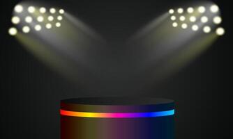 Empty podium with light frame glowing in the dark for product presentation. 3D illustration rendering vector