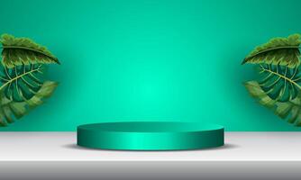 3D background with realistic cylindrical podium and natural leaf scene. Abstract composition in minimalist design. Platform mockup product display presentation. Showcase stage. vector