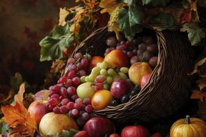 Fruit Basket Overflowing with Apples and Grapes Surrounded by Autumn Leaves photo