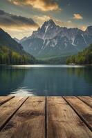 Scenic Mountain Lake View From Wooden Dock Under Cloudy Sky photo