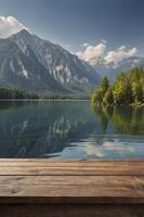 Lake View with Wooden Table and Mountain Backdrop on a Sunny Day photo