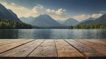 Scenic Mountain Lake View From Wooden Dock with Forest and Clouds photo