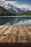 Majestic Mountains Reflecting in Lake with Rustic Wooden Tabletop Overlay photo