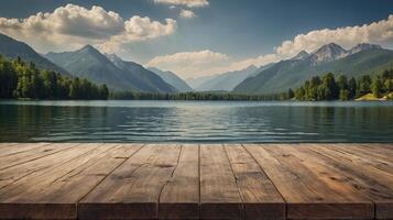 Scenic Mountain Lake View with Wooden Deck Overlooking Calm Water photo