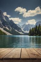 Scenic Mountain Lake View with Wooden Planks and Cloudy Sky photo