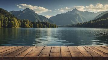 Scenic Mountain Lake Landscape View From Wooden Dock Under Blue Sky photo