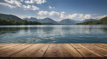 Lake Scene with Mountain Backdrop and Wooden Dock for Product Display photo