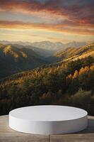 Product Display Stand with Mountain Landscape at Sunset and Autumnal Colors photo