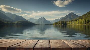Calm Lake Water Reflecting Mountains with Wooden Dock in Foreground photo