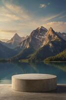 Lake and Mountain Landscape with Display Platform for Product Showcase photo