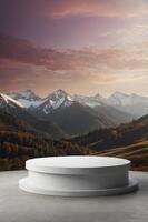 Display Podium with Mountain View Scene for Product Showcase or Advertisement photo