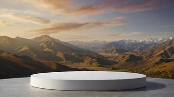 White Podium Platform with Mountain View Background at Sunset Time photo