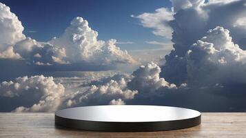 Product Display on Round Podium with Clouds and Blue Sky photo
